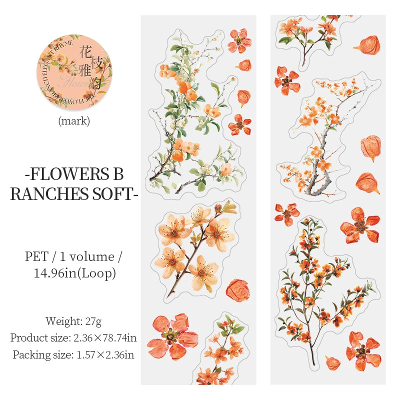 JIANQI PET Tapes Flower branch plant flower DIY Scrapbooking Decor Photo Album Collage Junk Journal Materials Aesthetics Tapes