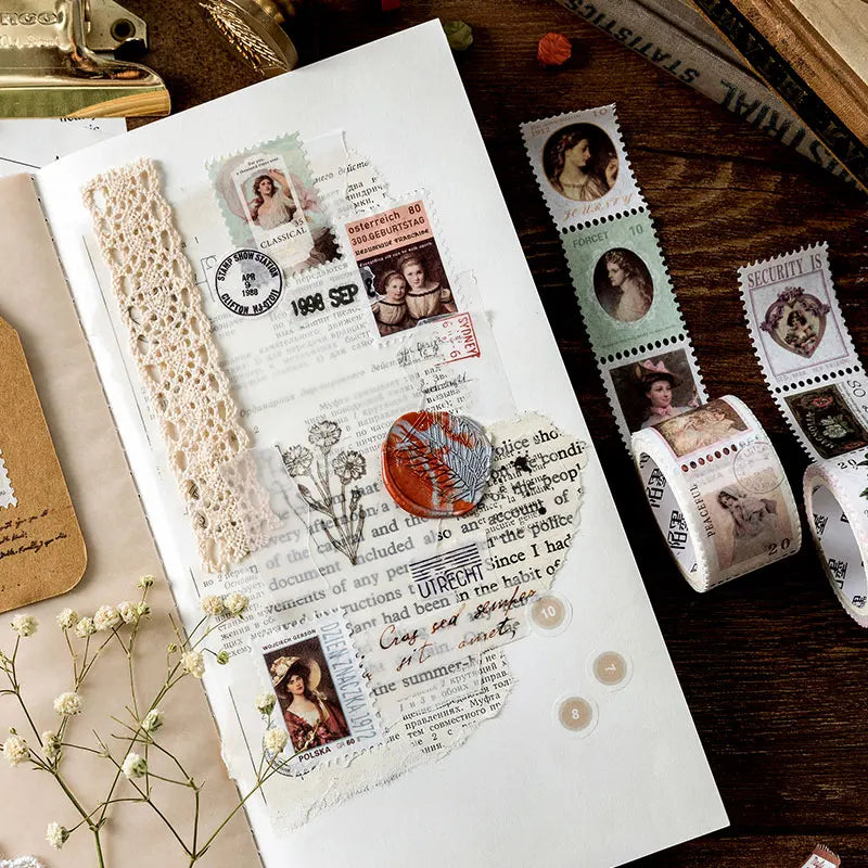 JIANQI Vintage Stamp Plant Washi Tape Stick Labels Paper Stickers Masking tape DIY Scrapbooking Material Craft Supplies