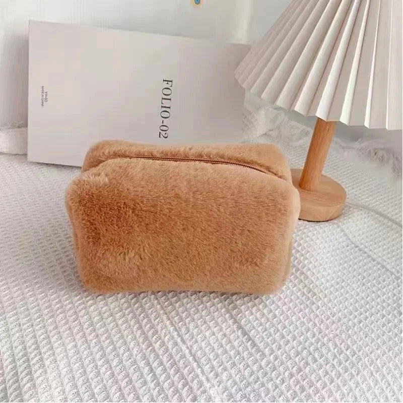 Zipper Large Solid Color Cosmetic Bag Cute Fur Makeup Bag for Women Travel Make Up Toiletry Bag Washing Pouch Plush Pen Pouch