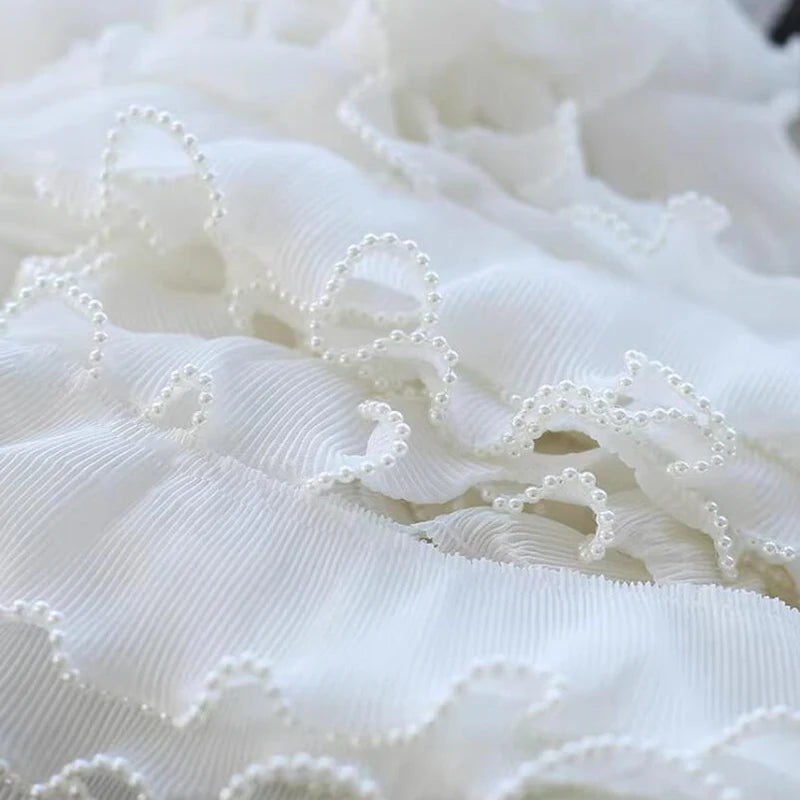 1 Yard Embroidery Lace Fabric White Black Flower Pearl Beads Trim Ribbon DIY Clothing Home Elastic Sewing Ruffle Applique Craft