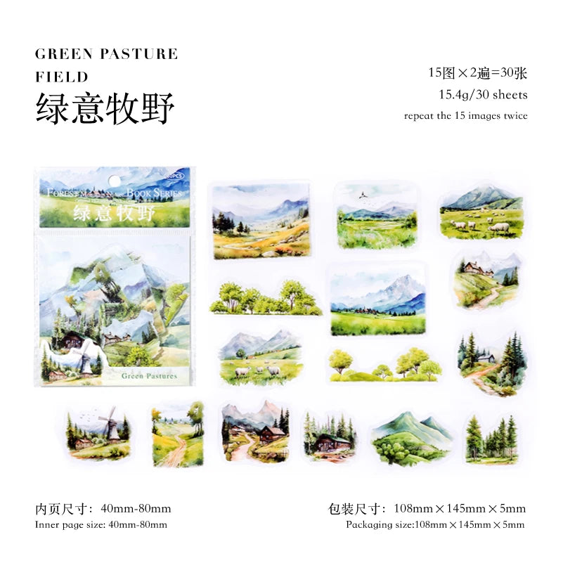 JIANQI 30 pcs/lot Beautiful scenery PET waterproof sticker Pack Retro Art decorative hand tent collage Scrapbooking supplies