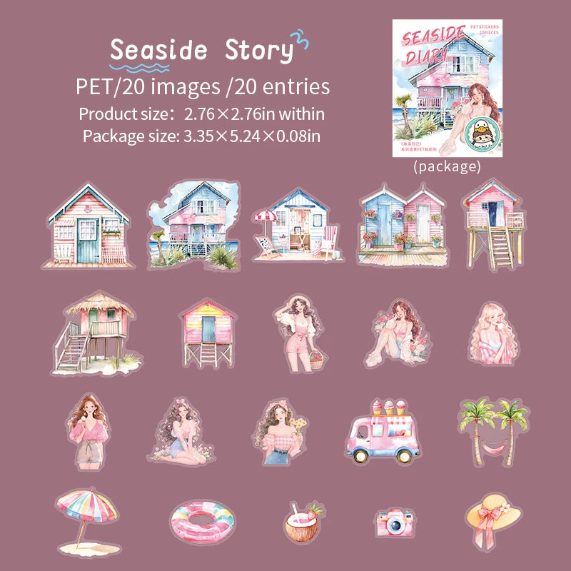 JIANQI 20pcs/pack Seaside girl PET Stickers DIY Scrapbooking Decor Photo Album Creative Stationery Collage Materials Stickers