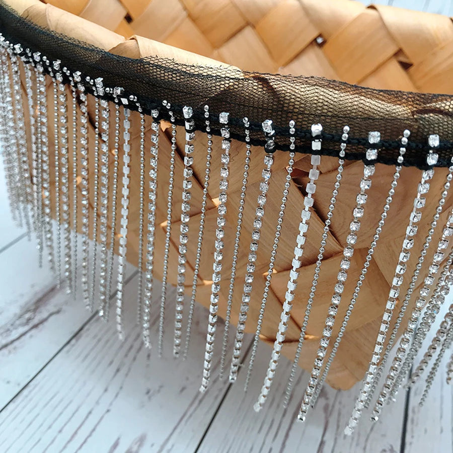 1Yard Black and White Rhinestone Crystal Chain Lace Handmade Tassel Fabric Border Metal Chain Bead 9CM Wide