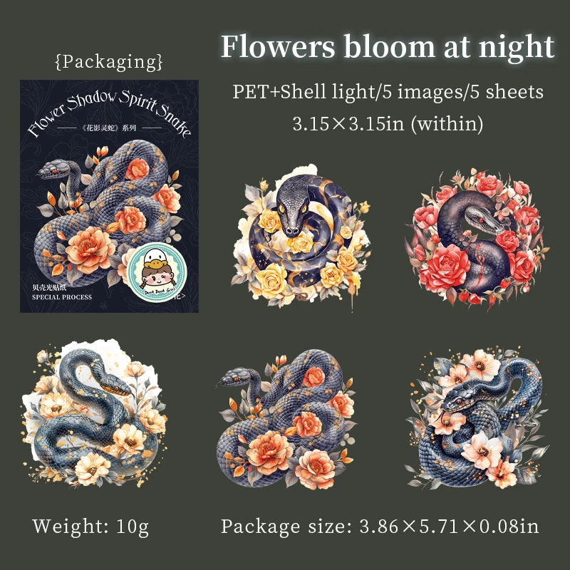 JIANQI 5Pcs Creative Flower Shadow Spirit Snake Stickers hand tent DIY Stick Labels Scrapbooking Material Junk Journal Supplies