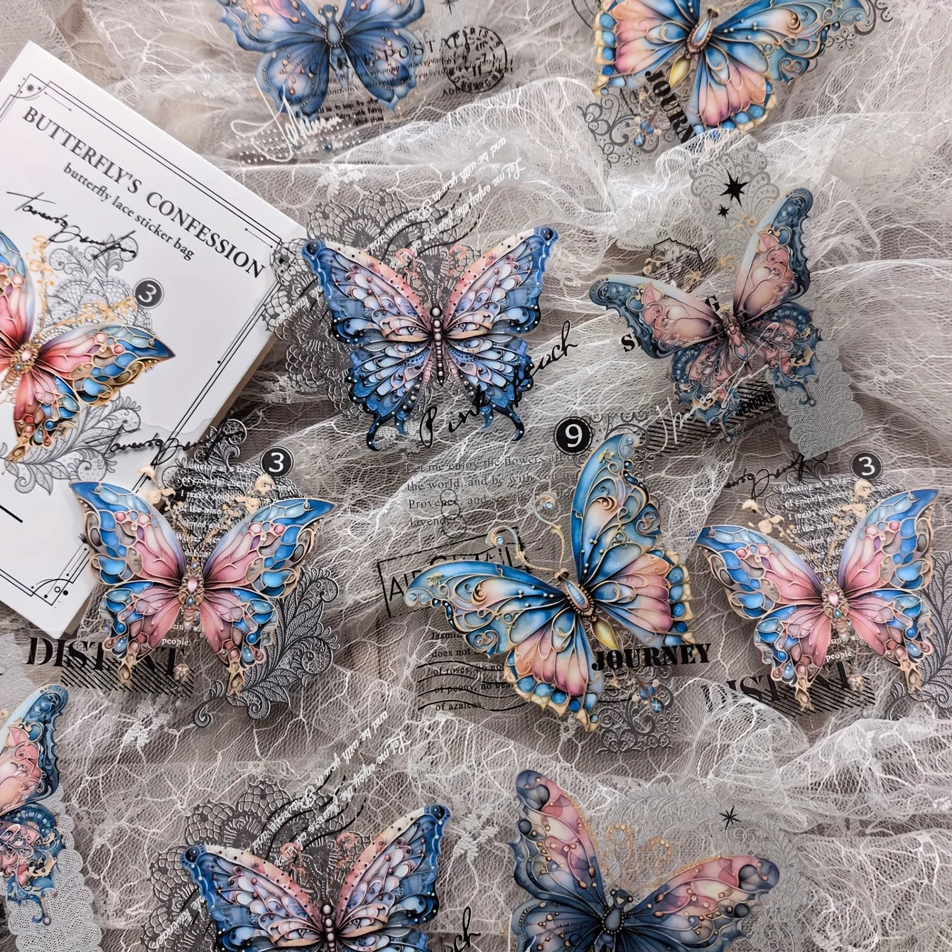 10 Pcs Vintage Butterfly Lace Stickers PET Material Creative DIY Journal Collage Journaling Supplies Scrapbooking Stickers