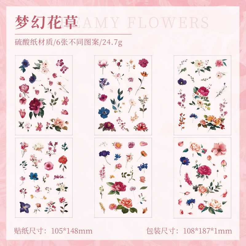 JIANQI 6 sheet Die cutting Flower Stickers Junk Journal Sticker Package DIY Diary Decoration Sticker Album Scrapbooking
