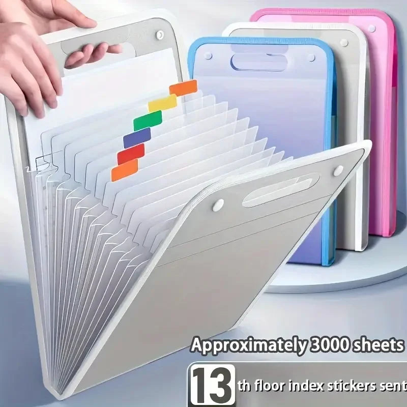 Waterproof A4 Vertical File Organizer with 13 Pockets, Thick PP Translucent Document Holder, Multi-Color Office Storage Folder