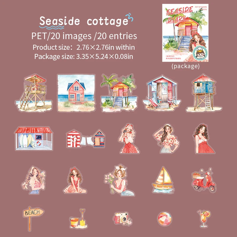 JIANQI 20pcs/pack Seaside girl PET Stickers DIY Scrapbooking Decor Photo Album Creative Stationery Collage Materials Stickers