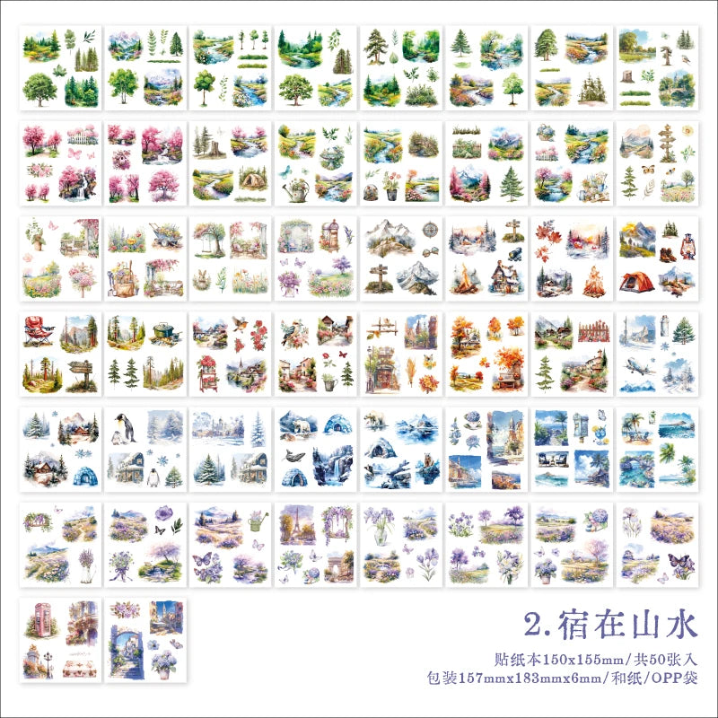 JIANQI 50pcs/book Light Retro Floral Plant Stickers Beautiful scenery Theme Double Material Handbook Backing Decal Stationery