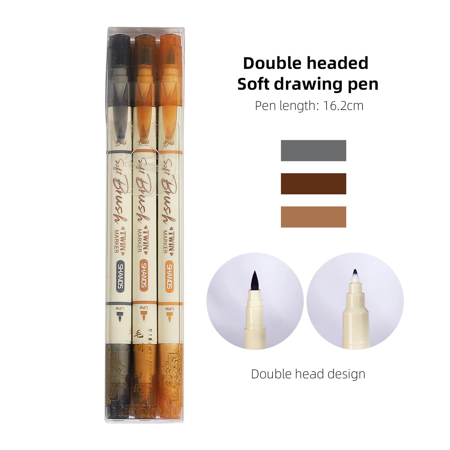 JIANWU 3 Pcs/set Simple Soft Tip Single Head/double Head Soft Painting Pen Set Creative DIY Journal Student Supplies Stationery