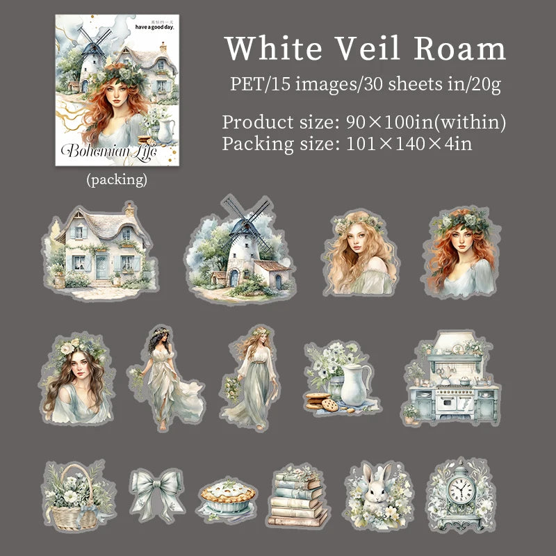 JIANQI 30pcs/pack Bohemian girl PET Stickers DIY Scrapbooking Decor Photo Album Creative Stationery Collage Materials Stickers