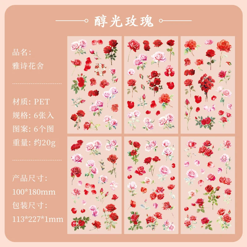 JIANQI 6pcs/pack Plant Flower Stickers PET Material DIY Scrapbooking Collage Junk Journal Planner Deco Stationery Sticker