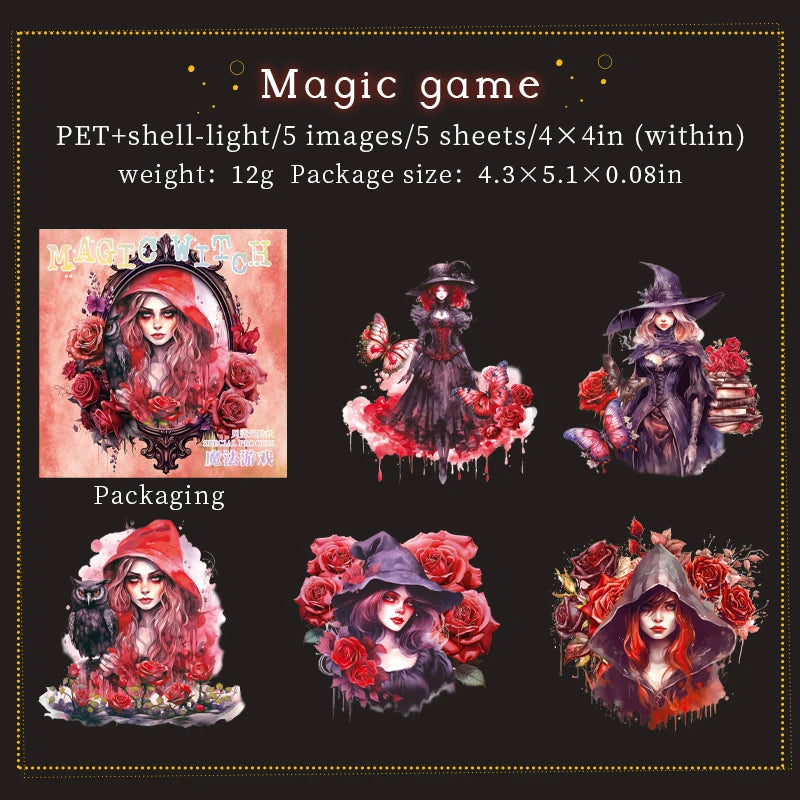 JIANQI 5 pcs Flash laser Magic Witch Stickers pack Adhesive Diy Diary Album Scrapbooking material junk journal supplies