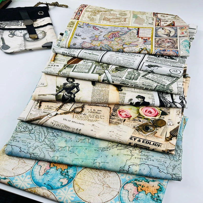 Newspaper Fabric Map Retro Vintage Digital Printed for Handmade DIY Sewing Accessories