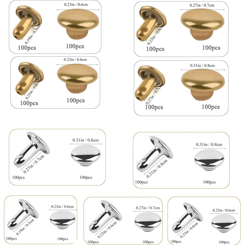 100Set/Box Leather Rivet Studs Double Cap Metal Rivets with Plastic Box Finger Cot for Leather Crafts Repairs Decoration