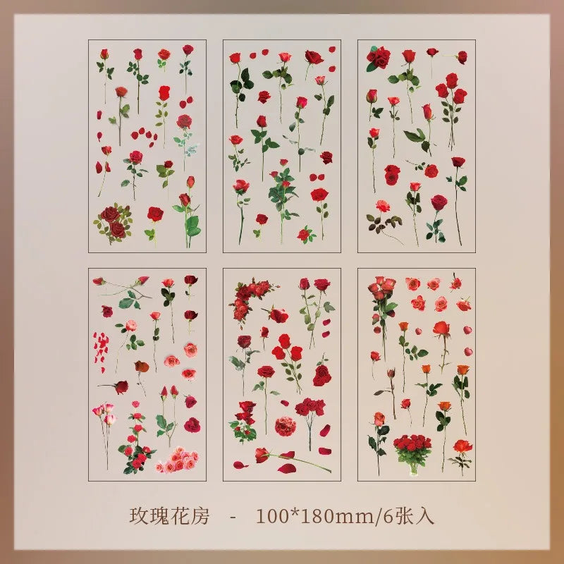 JIANQI 6pcs/pack Transparent PET Stickers Scrapbooking Materials DIY Junk Journal Collage Floral Leaves Plants Decor Stickers