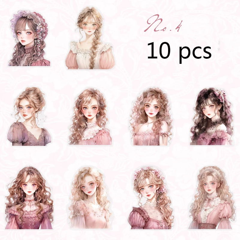 JIANQI 10pcs/pack Kawaii Girl PET Stickers DIY Scrapbooking Decor Photo Album Creative Stationery Collage Materials Stickers