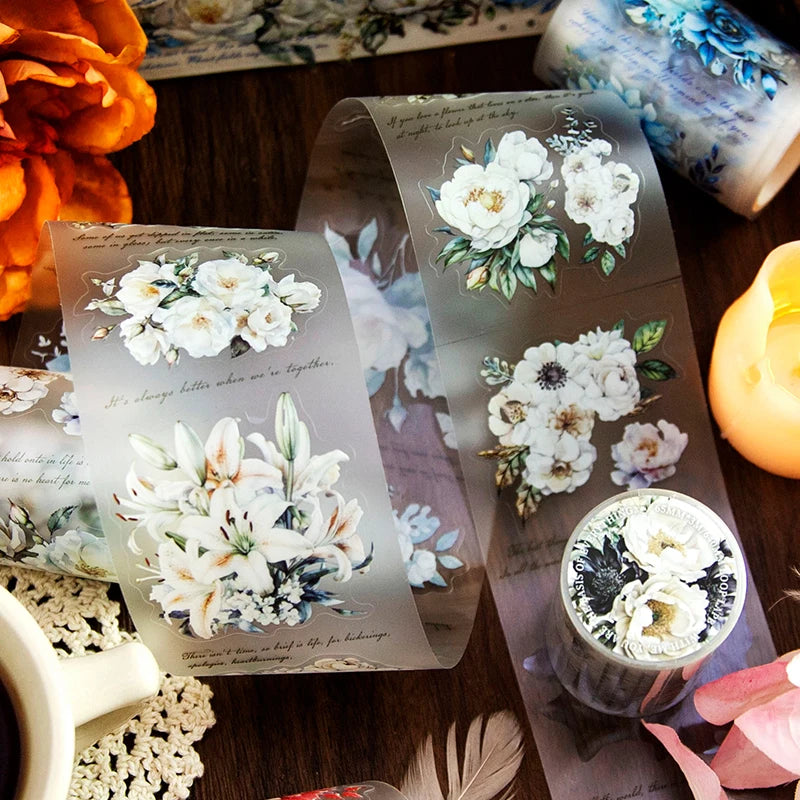 JIANQI 65mm*3m Flowers Tapes Waterproof PET Aesthetic Stationery DIY Scrapbooking Collage Junk Journal Craft Decor Tapes