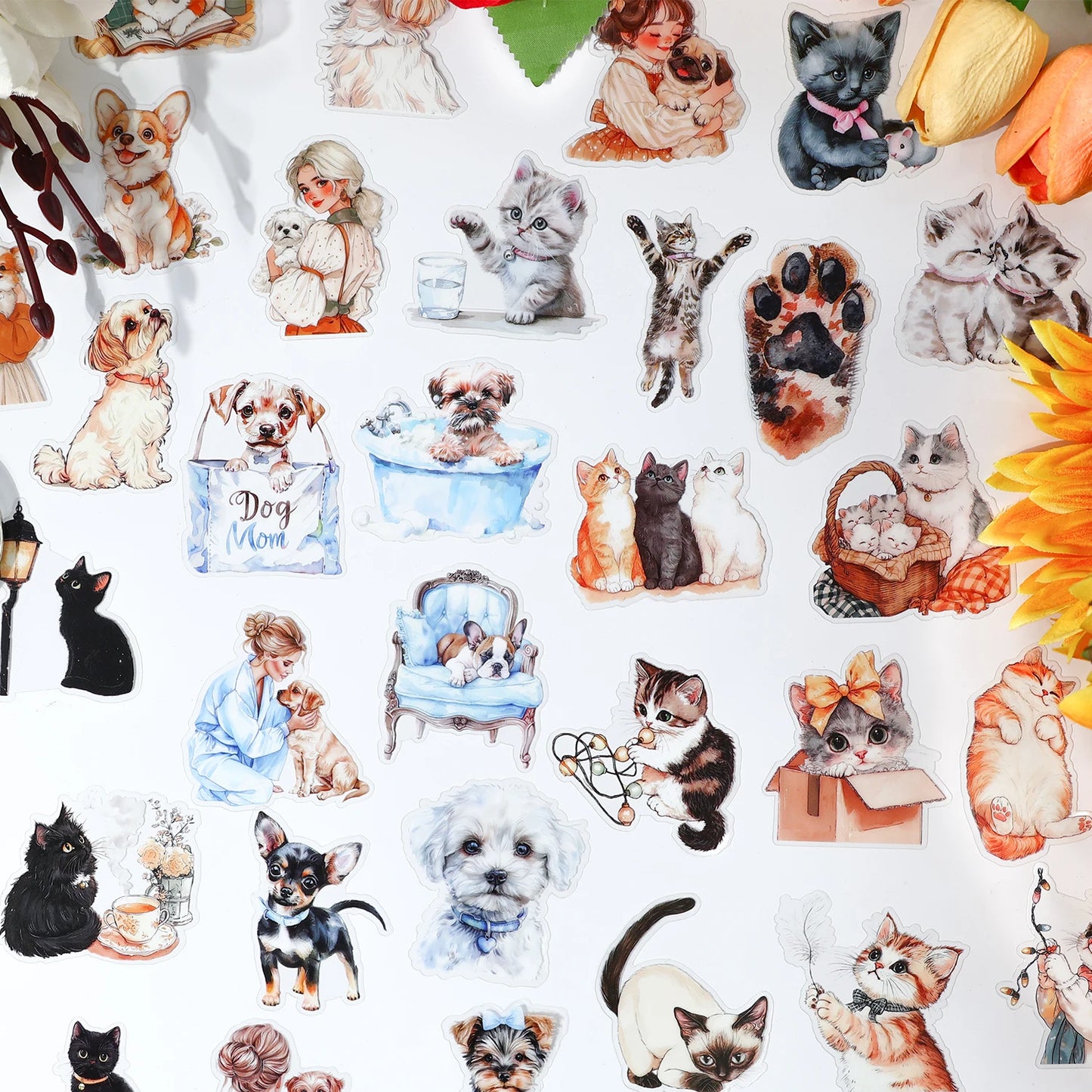 JIANQI 40 pcs PET Animal theme Stickers Cat dog girl Decorative handmade Scrapbooking Material Diary Album Craft Supplies