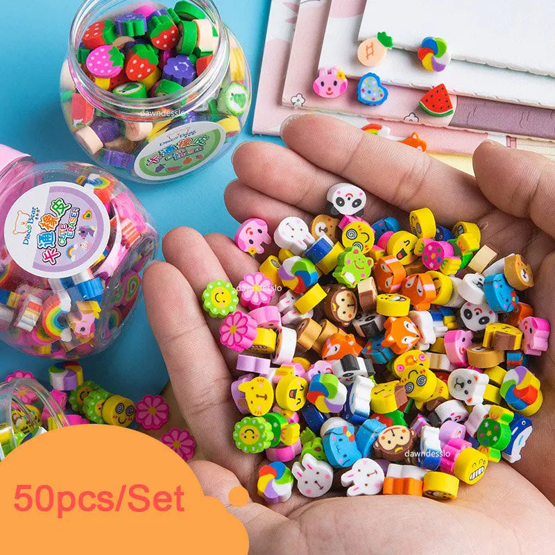 50pcs Cute Rubber Eraser Creative Animal Fruit Pencil Erasers Mini Kawaii Kids Writing Student Stationery Correction Supplies