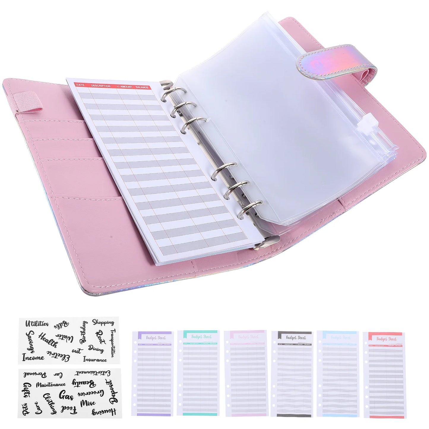 1 set A6 Budget Binder Set Silver Cover 12 Sheets 8 Zipper Pockets 2 Stickers Lightweight Notebook Storage for Home Office