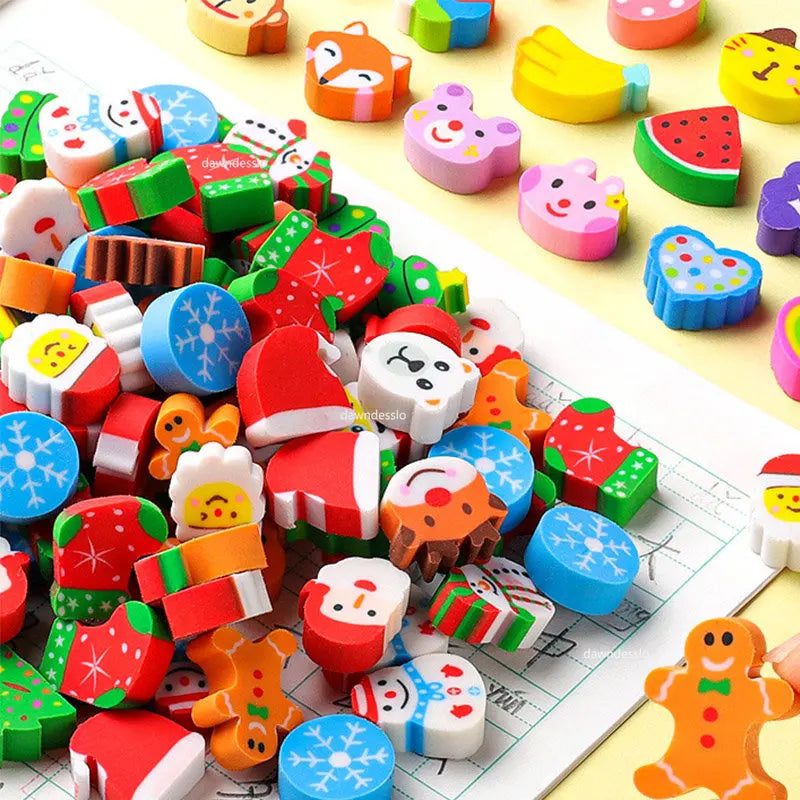 50pcs Cute Rubber Eraser Creative Animal Fruit Pencil Erasers Mini Kawaii Kids Writing Student Stationery Correction Supplies