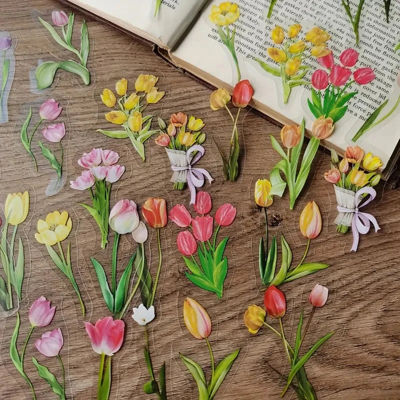JIANQI 40Pcs Natural plants Flower Stickers DIY scrapbook PET Material Handbook Water Cup Plant Transparent Sticker