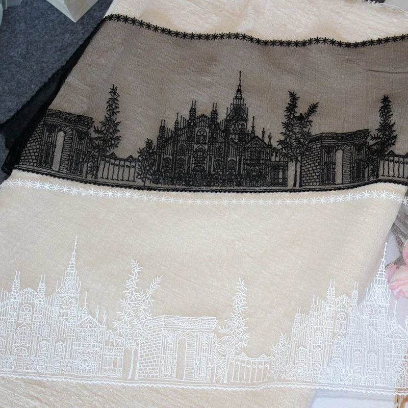 1 Yard Black White Castle Embroidered Tulle Mesh Lace Fabric Wedding Dress Curtains Sewing Accessories17.3CM Wide