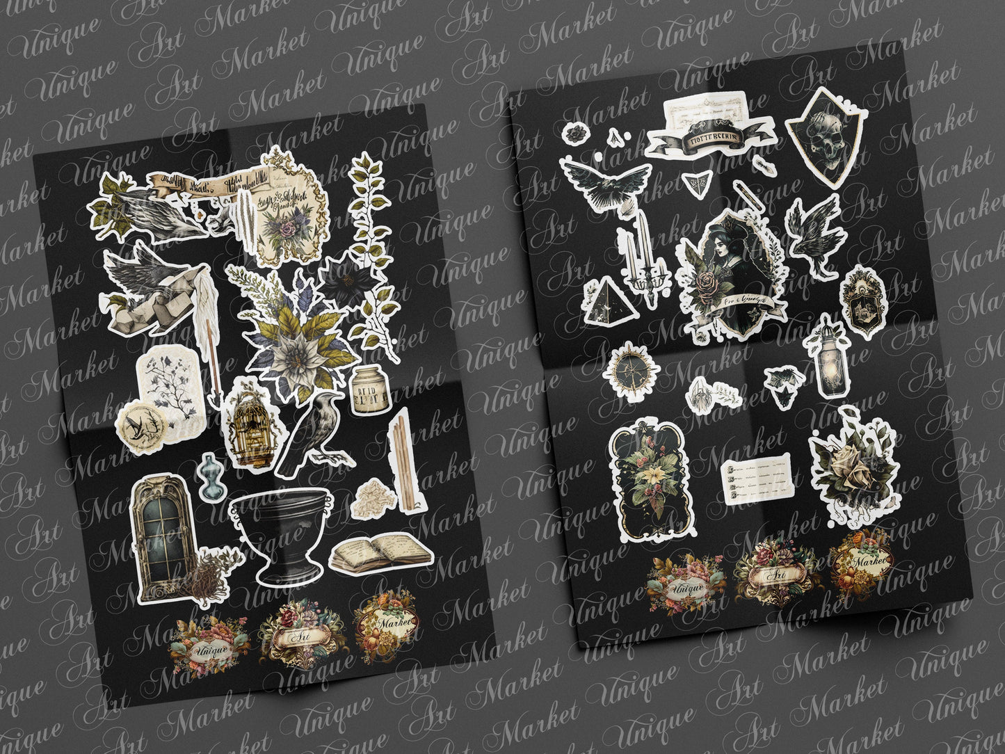 witchcraft junk journal kit, , Printable stickers , Gothic | skull | moon | potion |witch | white / gothic/ black magic/ spirits / stickers