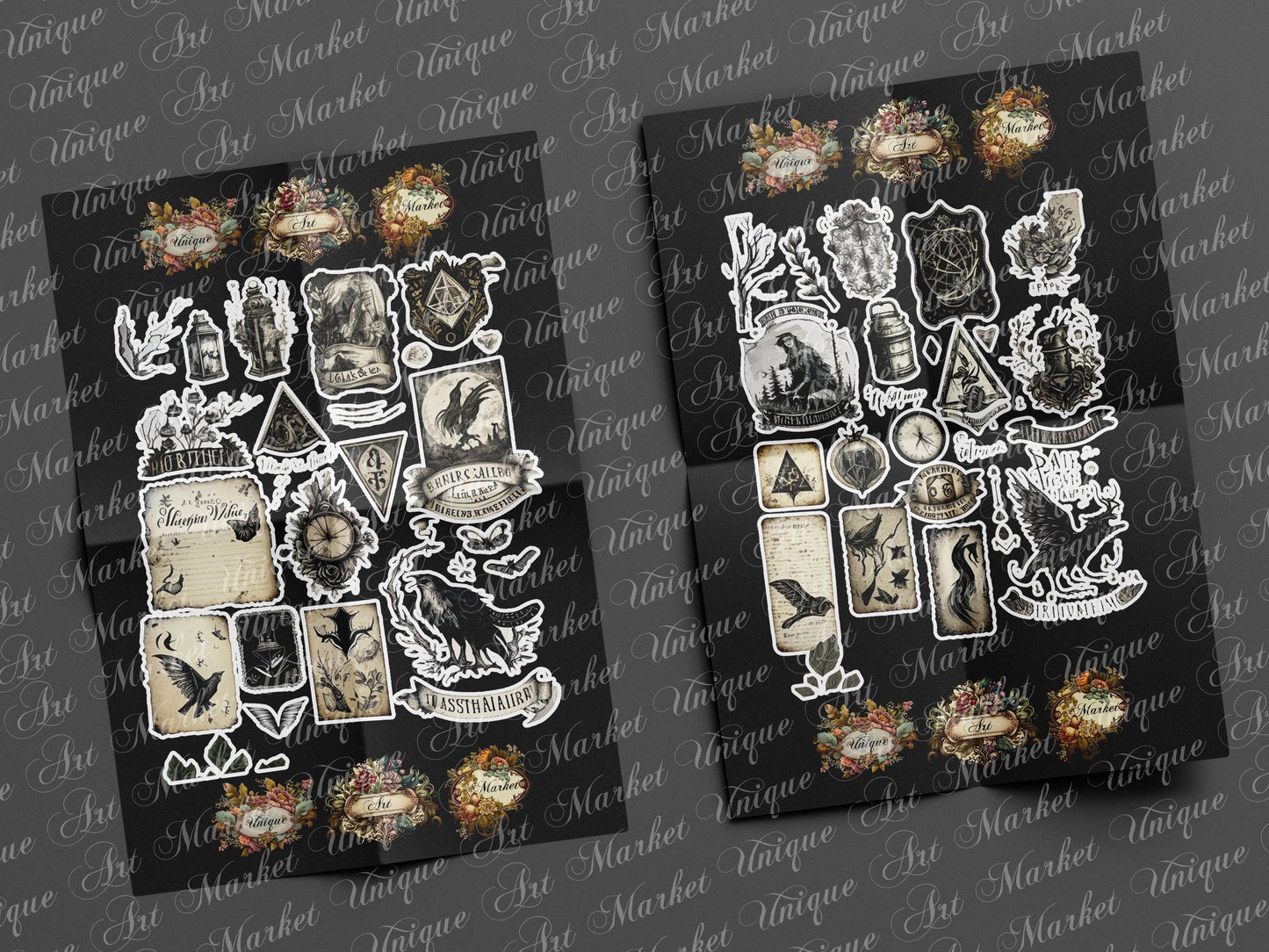witchcraft junk journal kit, , Printable stickers , Gothic | skull | moon | potion |witch | white / gothic/ black magic/ spirits / stickers