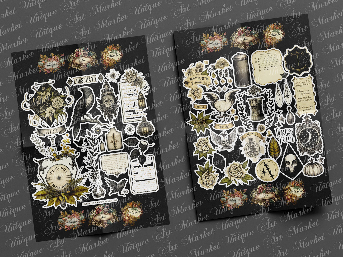 witchcraft junk journal kit, , Printable stickers , Gothic | skull | moon | potion |witch | white / gothic/ black magic/ spirits / stickers