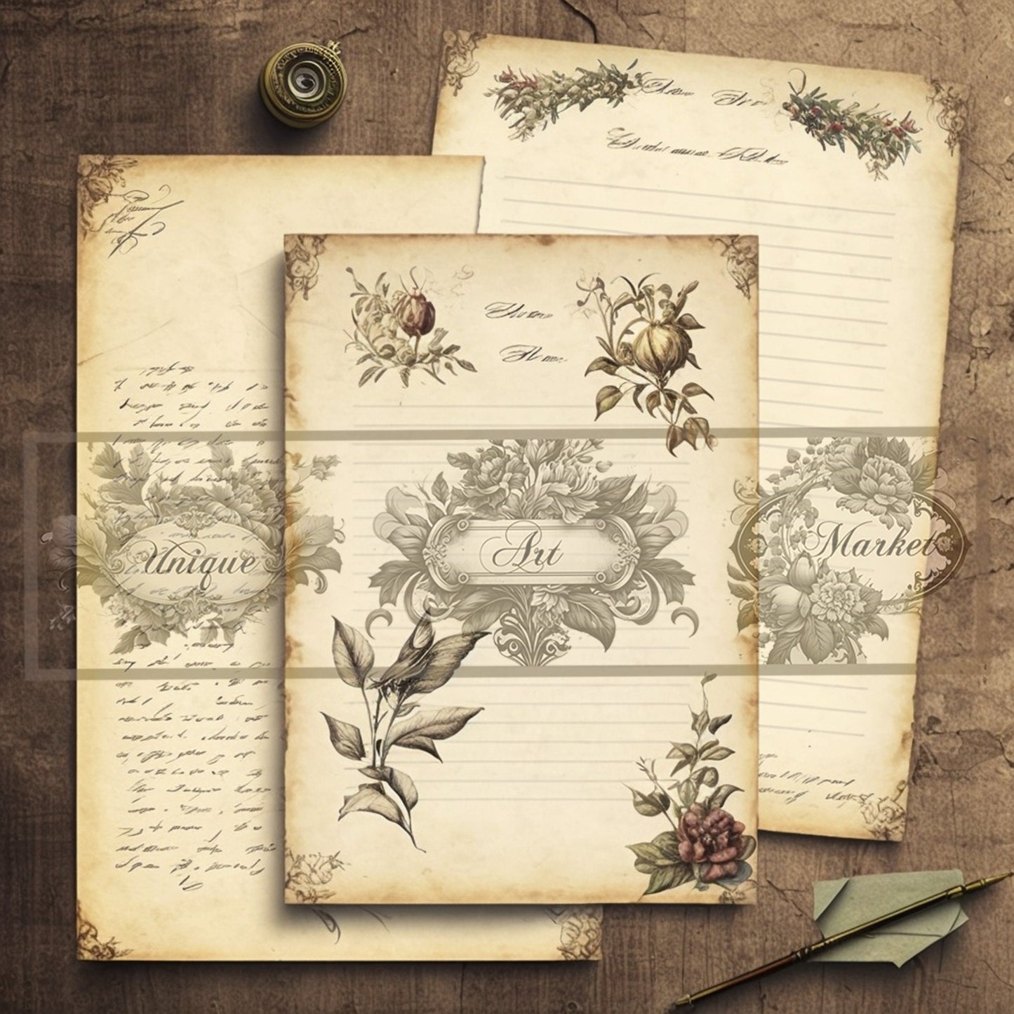Blank Lined Journal Pages floral eight Pieces Printable Original Notepaper Set Vintage Ephemera Set scrapbooking Junk Journal Basic Papers