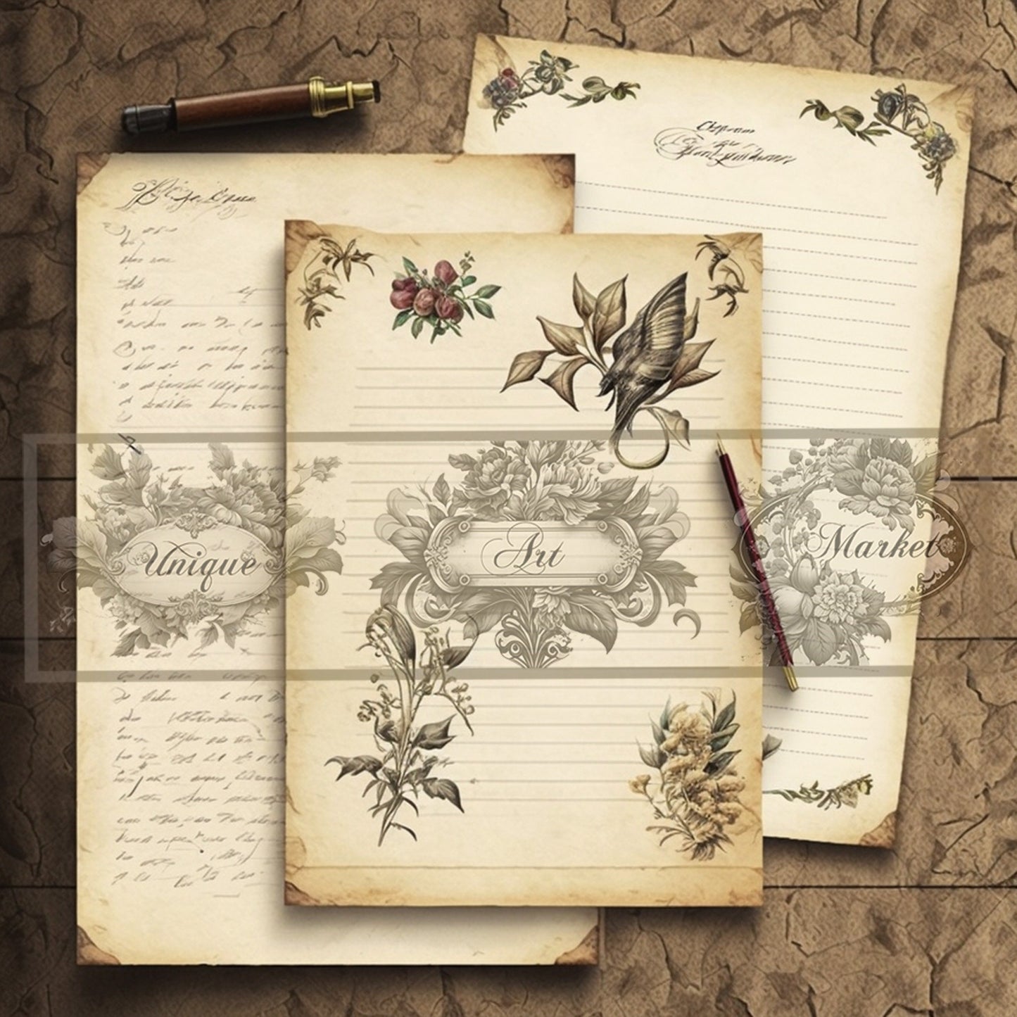 Blank Lined Journal Pages floral eight Pieces Printable Original Notepaper Set Vintage Ephemera Set scrapbooking Junk Journal Basic Papers