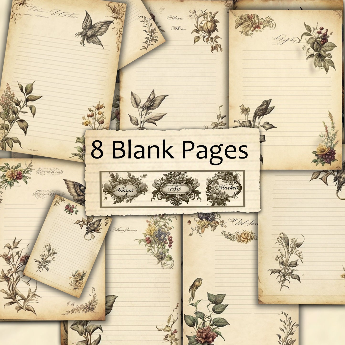 Blank Lined Journal Pages floral eight Pieces Printable Original Notepaper Set Vintage Ephemera Set scrapbooking Junk Journal Basic Papers