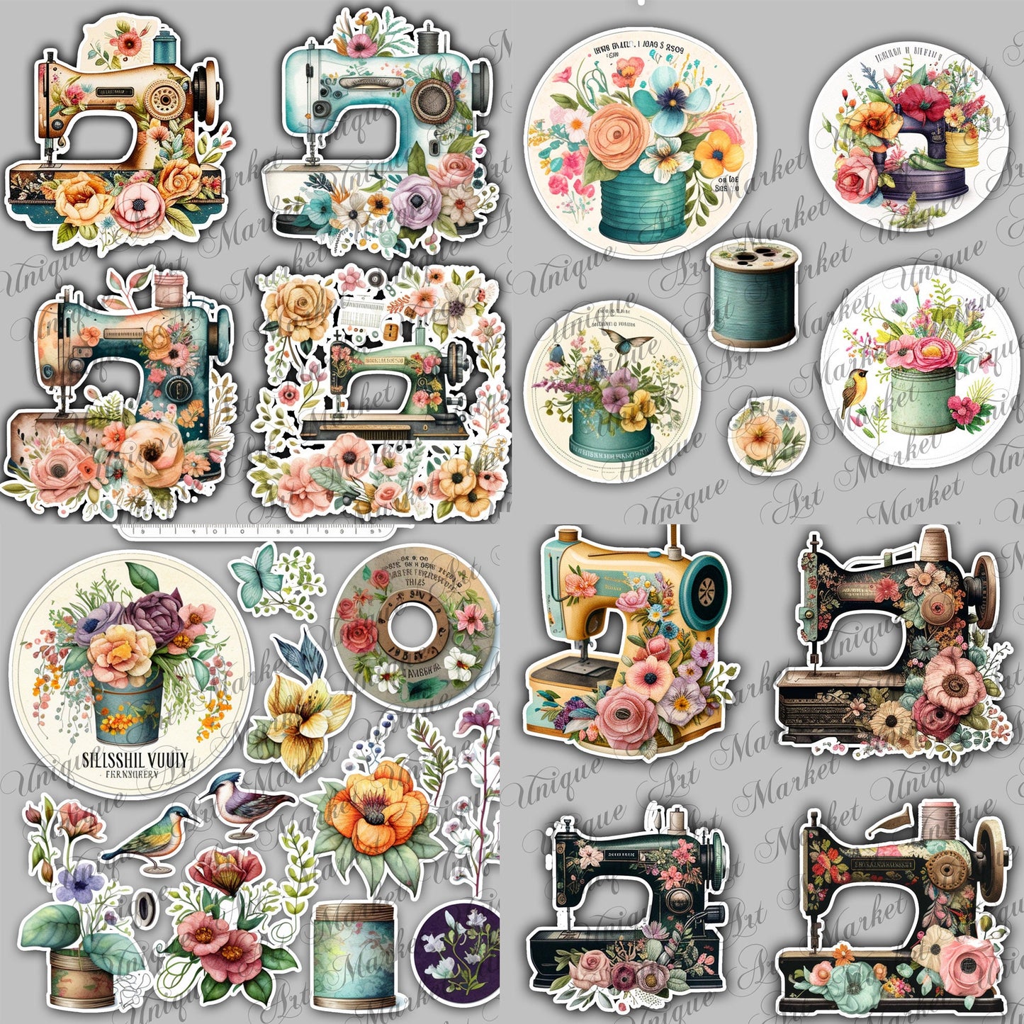 Junk Journal, Sewing, Florals, ADD ON, Kit, Machines, Seamstress, Vintage, Thread, Flowers, UNIQUE , Printable, Digital Download Collage