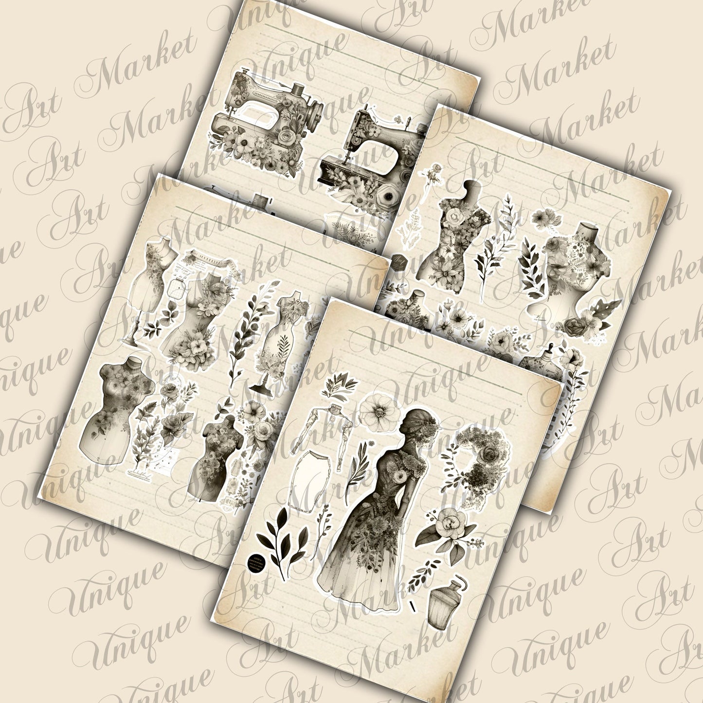 Junk Journal, Sewing, Florals, ADD ON, Kit, Machines, Seamstress, Vintage, Thread, Flowers, UNIQUE , Printable, Digital Download Collage