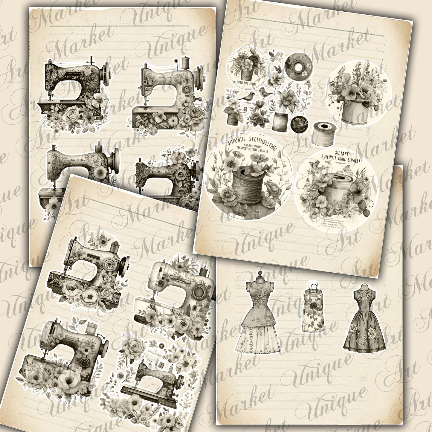 Junk Journal, Sewing, Florals, ADD ON, Kit, Machines, Seamstress, Vintage, Thread, Flowers, UNIQUE , Printable, Digital Download Collage