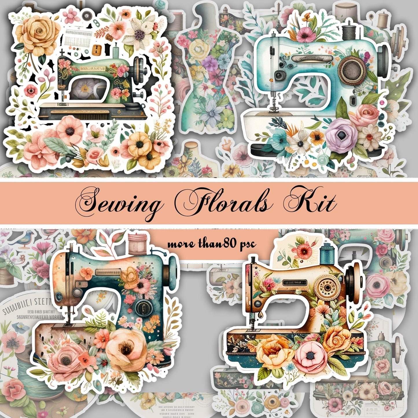 Junk Journal, Sewing, Florals, ADD ON, Kit, Machines, Seamstress, Vintage, Thread, Flowers, UNIQUE , Printable, Digital Download Collage