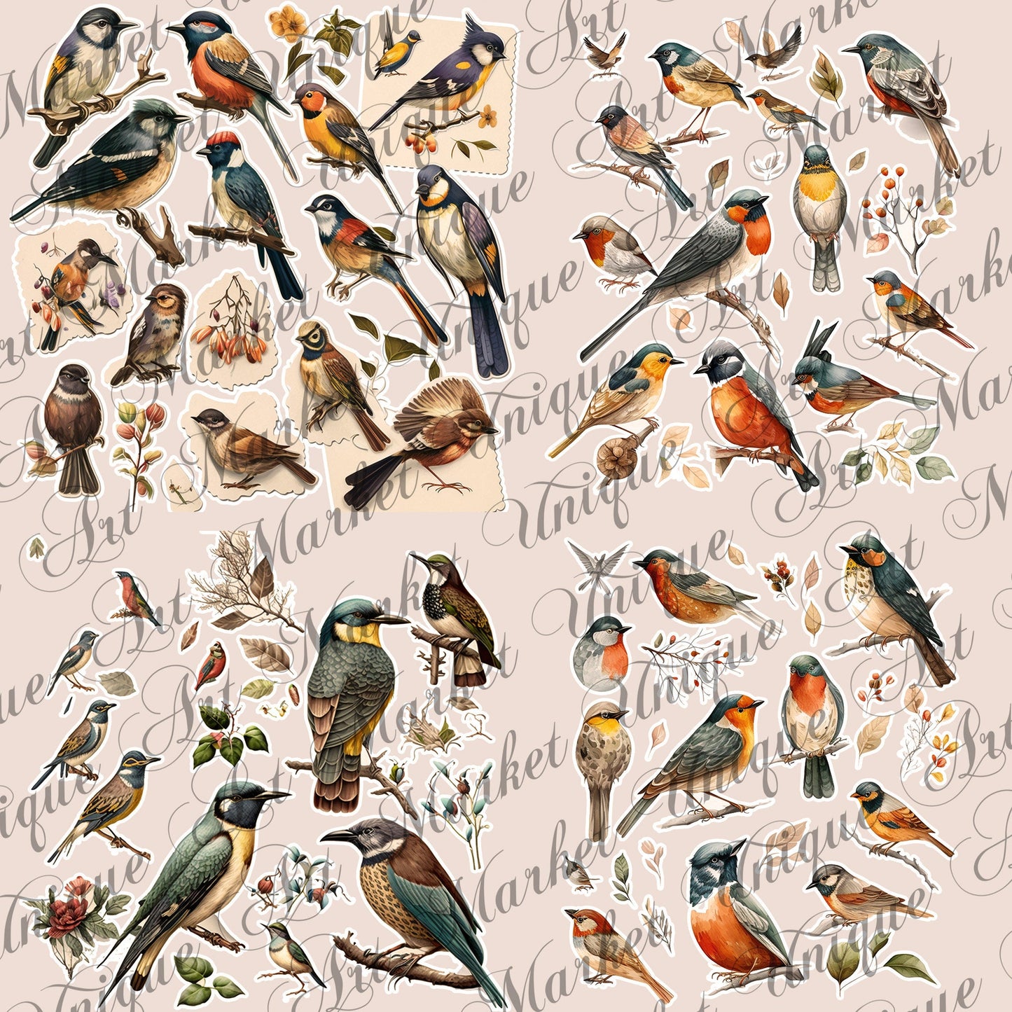 Vintage fussy cut birds flowers , junk journal ephemera, birds stickers , digital printable , collage , bird stickers , floral stickers