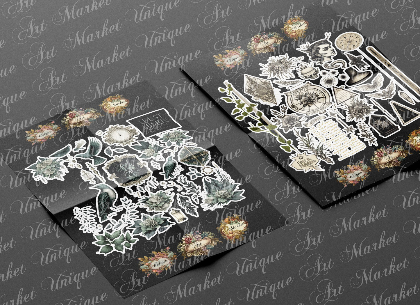 witchcraft junk journal kit, , Printable stickers , Gothic | skull | moon | potion |witch | white / gothic/ black magic/ spirits / stickers