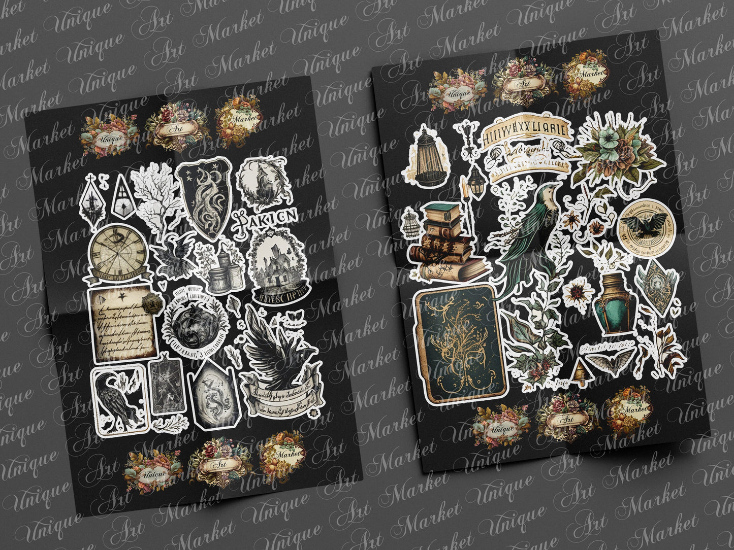 witchcraft junk journal kit, , Printable stickers , Gothic | skull | moon | potion |witch | white / gothic/ black magic/ spirits / stickers