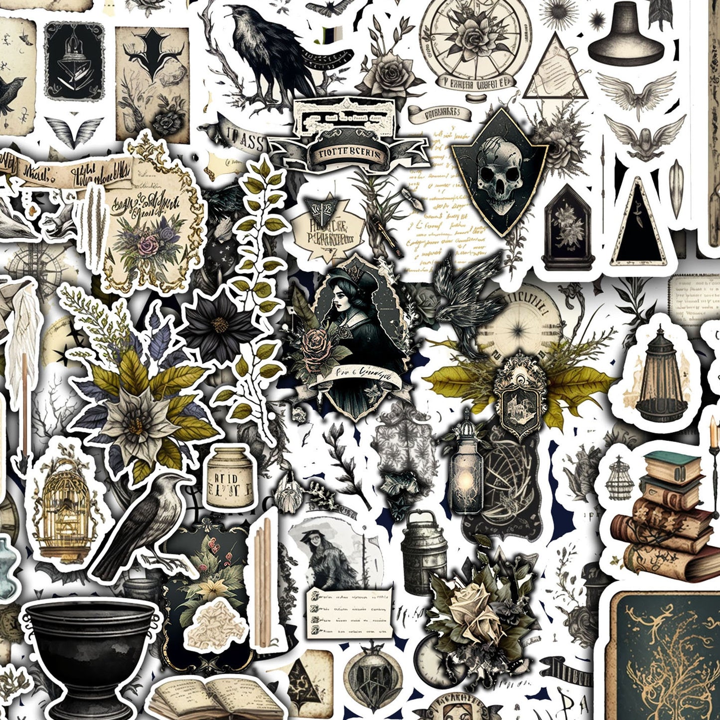 witchcraft junk journal kit, , Printable stickers , Gothic | skull | moon | potion |witch | white / gothic/ black magic/ spirits / stickers