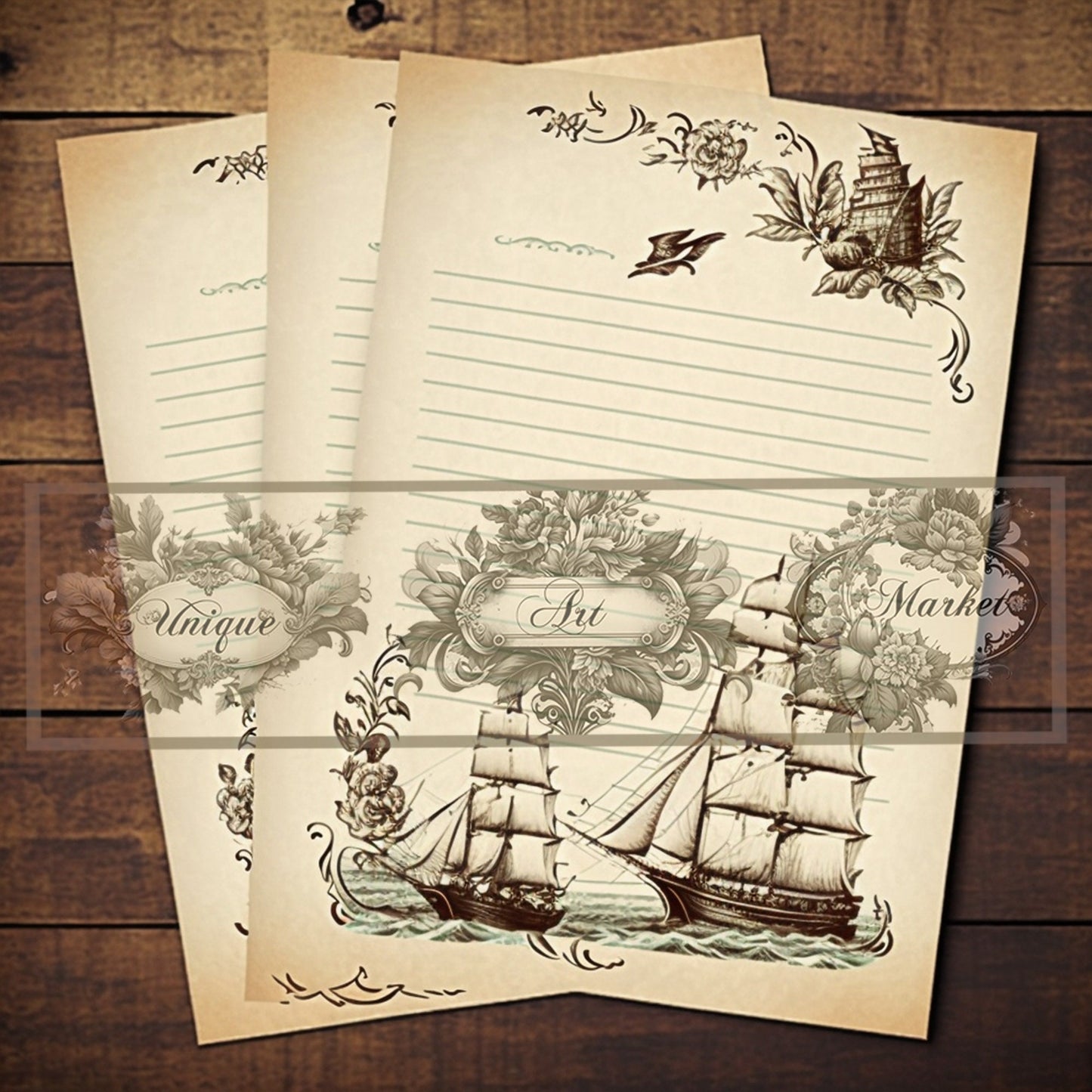 junk journal Vintage paper ship nine Piece Printable Original Notepaper Set Vintage sea Ephemera Set 1 Western Horse paper scrapbooking old.