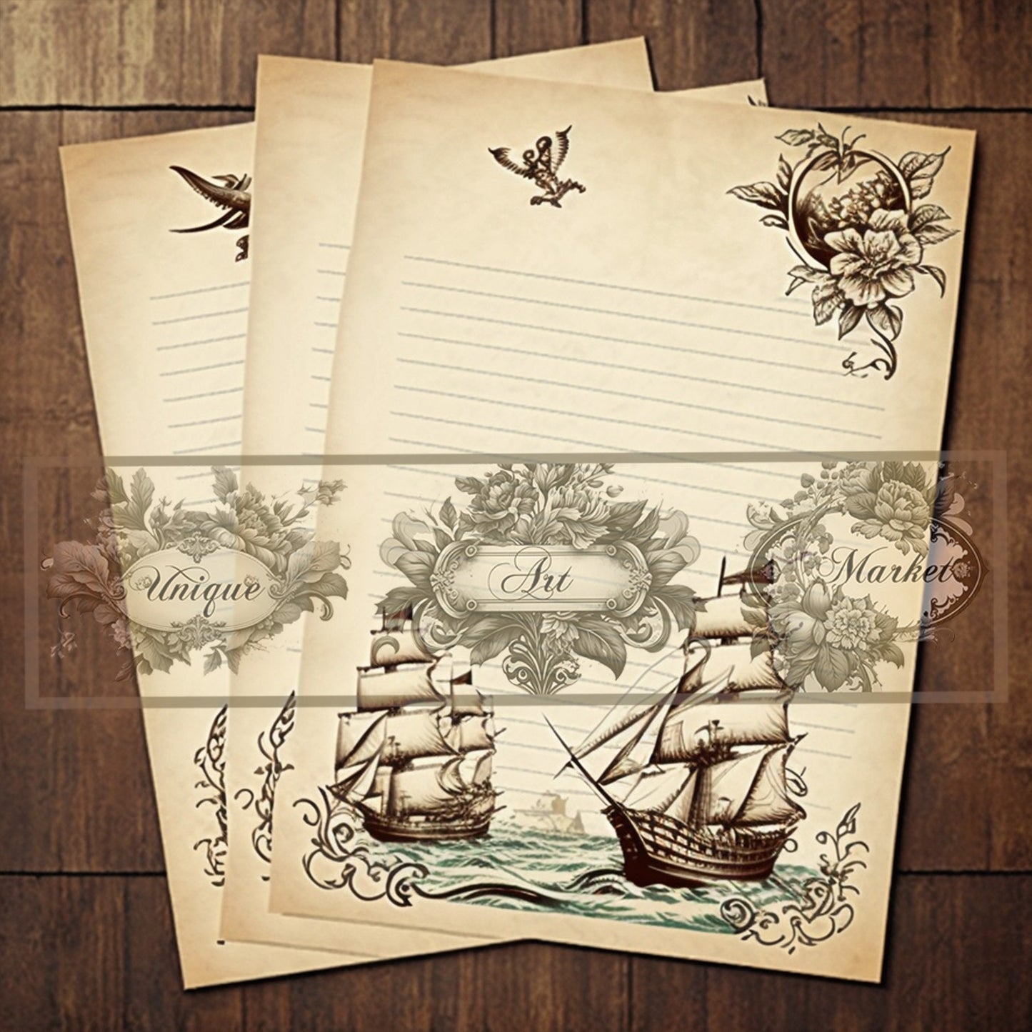 junk journal Vintage paper ship nine Piece Printable Original Notepaper Set Vintage sea Ephemera Set 1 Western Horse paper scrapbooking old.