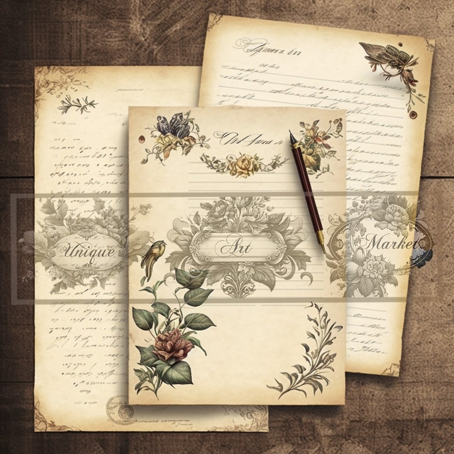 Blank Lined Journal Pages floral eight Pieces Printable Original Notepaper Set Vintage Ephemera Set scrapbooking Junk Journal Basic Papers