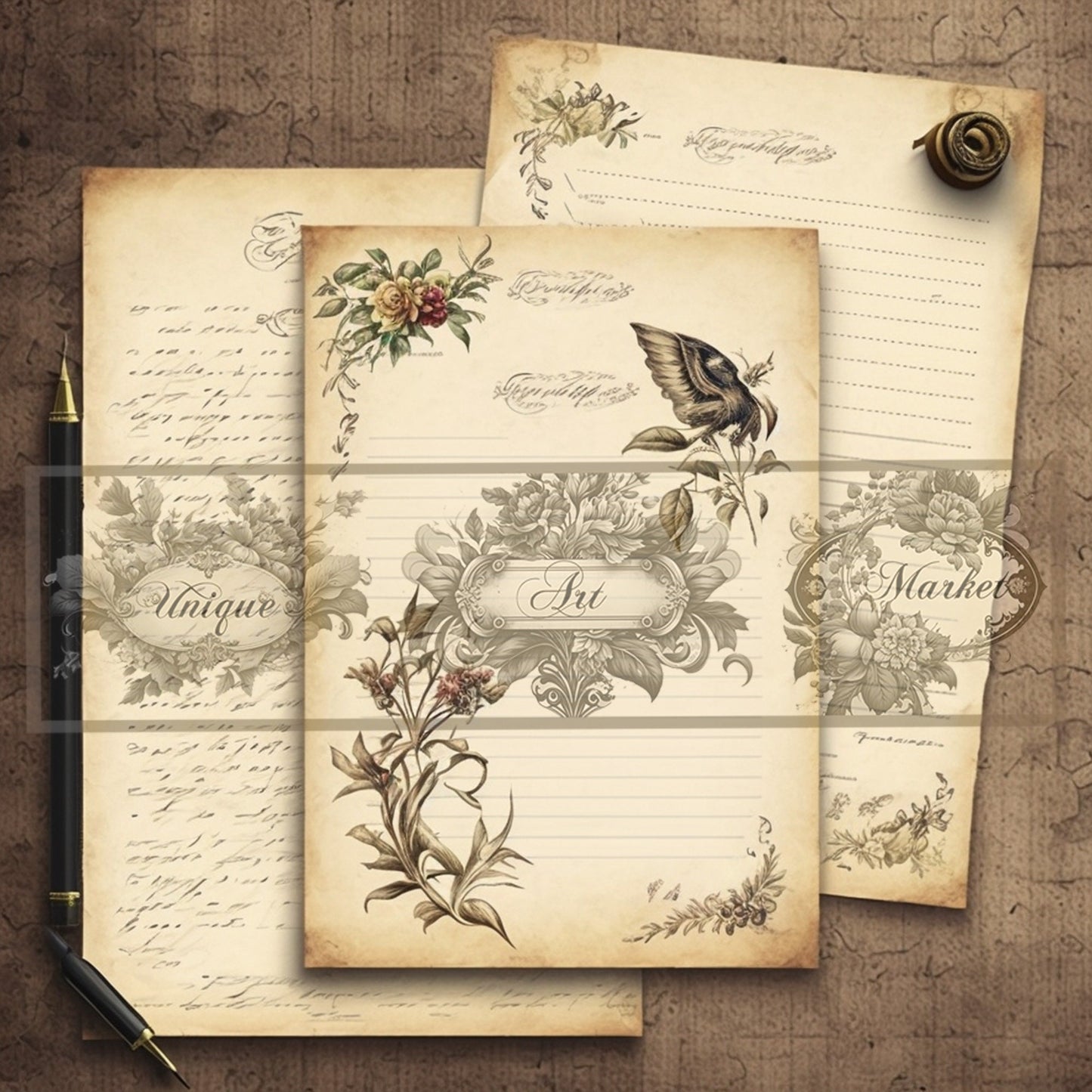 Blank Lined Journal Pages floral eight Pieces Printable Original Notepaper Set Vintage Ephemera Set scrapbooking Junk Journal Basic Papers