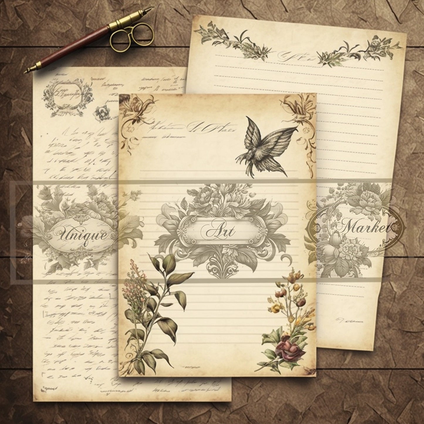 Blank Lined Journal Pages floral eight Pieces Printable Original Notepaper Set Vintage Ephemera Set scrapbooking Junk Journal Basic Papers