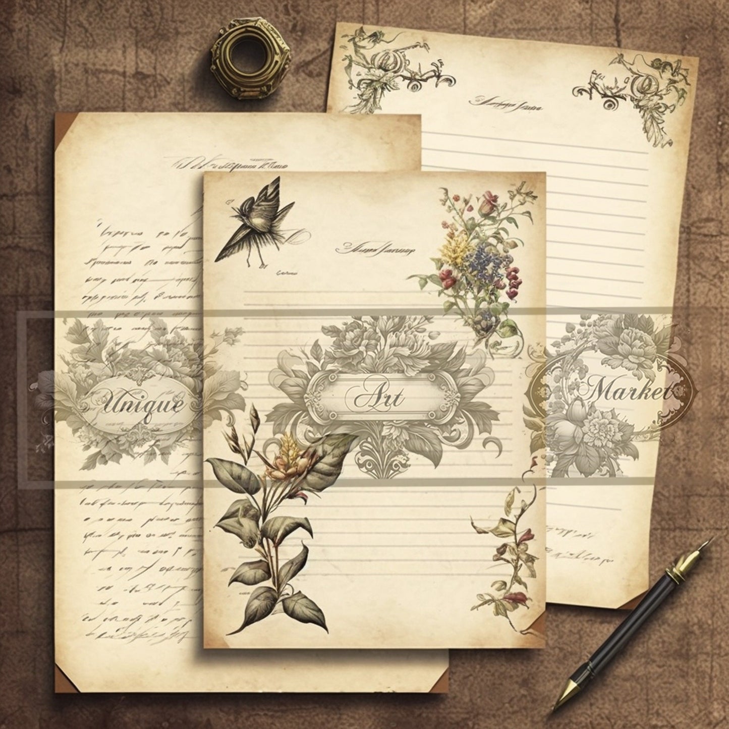 Blank Lined Journal Pages floral eight Pieces Printable Original Notepaper Set Vintage Ephemera Set scrapbooking Junk Journal Basic Papers