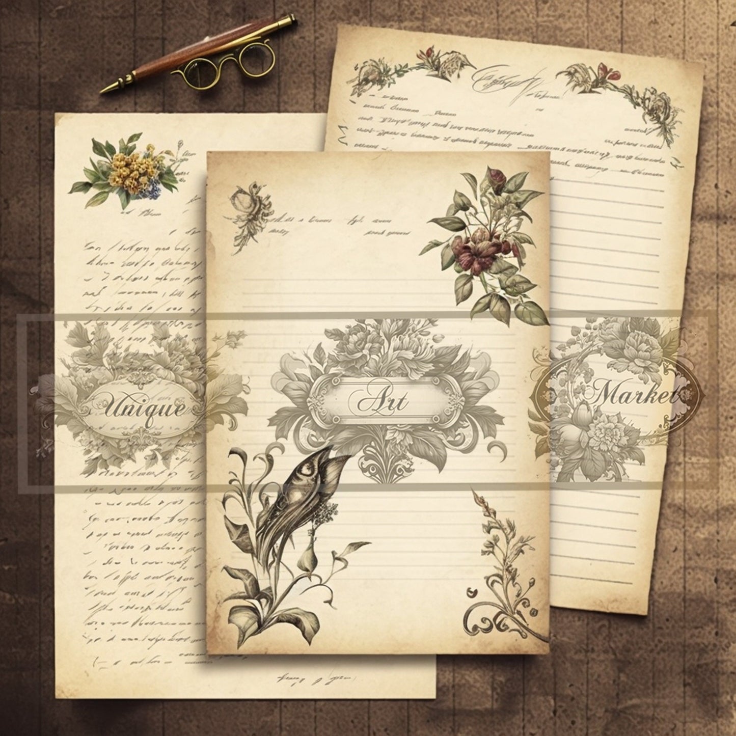 Blank Lined Journal Pages floral eight Pieces Printable Original Notepaper Set Vintage Ephemera Set scrapbooking Junk Journal Basic Papers