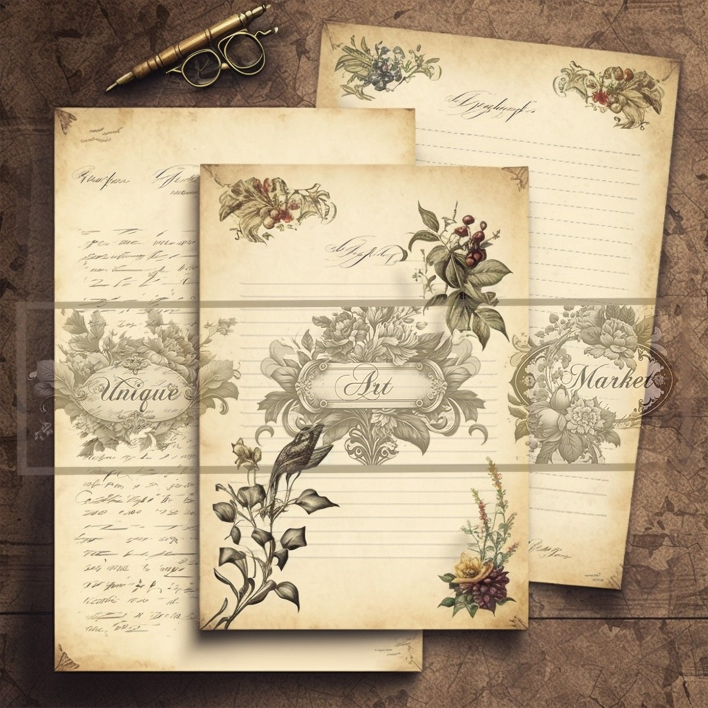 Blank Lined Journal Pages floral eight Pieces Printable Original Notepaper Set Vintage Ephemera Set scrapbooking Junk Journal Basic Papers